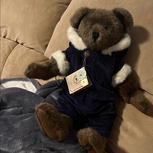 Boyds Bears Brown Teddy in Navy Velvet Outfit with White Trim